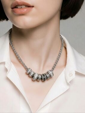 Silver Tone Chain Necklace with Rhinestone Spacer Beads Fashion Jewelry